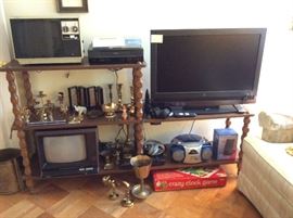 Tvs, brass items, games, shelving