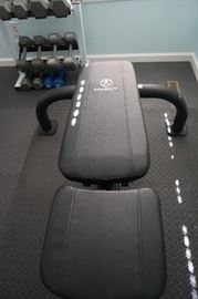 Nordic track treadmill, Marcy weight bench, weights, fitness equipment mats 