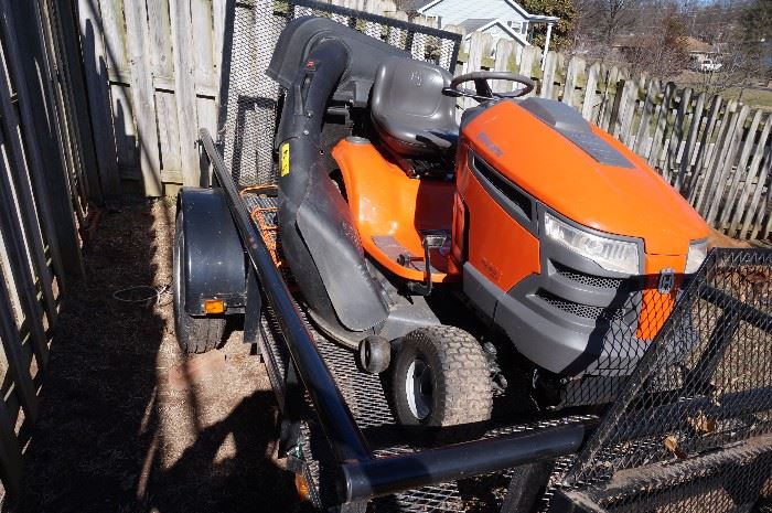 Husqvarna 20 HP 46" cut with bagger riding lawn mower; Carry-On Trailer 5-ft x 10-ft wire mesh Utility Trailer with Ramp Gate