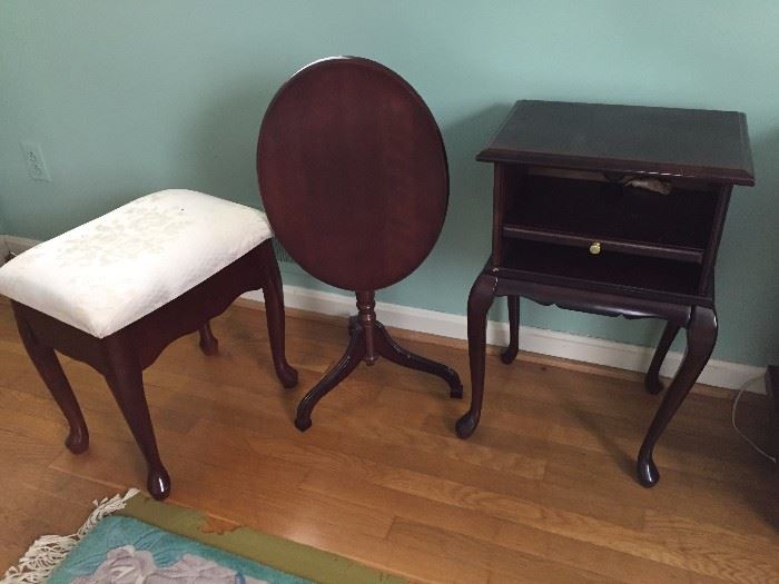 Side table, Oval folding table and upholstered stool