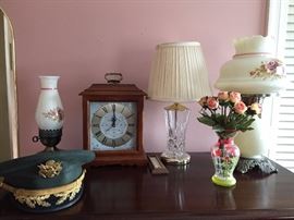 Army Officer Hat, Lamps, Mantle Clock