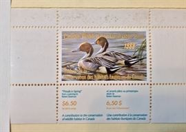 Signed/numbered print: Pintails in Spring by Robert Bateman. Comes with a 1998 Canadian Wildlife Habitat Conservation Stamp. 