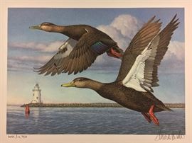 Signed/numbered/signed stamp. 1993 CT First of State, pair of black ducks by Tom Hirata. 