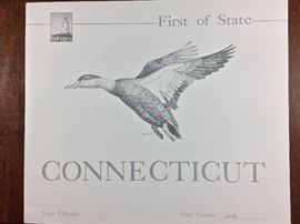 Signed/numbered/signed stamp. 1993 CT First of State, pair of black ducks by Tom Hirata. 