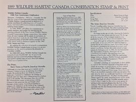 Signed/numbered/signed stamp. 1989 Wildlife Habitat Canada Conservation Stamp & Print. Artist: Jean -Luc Grondin.