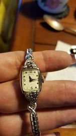 14 K white gold Hamilton Vintage Art Deco watch. 10 diamonds. 