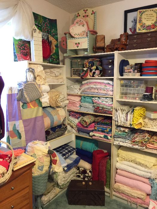 The Sewing Room is full of fabric, chenille, vintage fabrics, including bark cloth, lots of sewing notions!