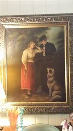 19th century Oil on CanvassMan and woman with Dog does have couple small holes