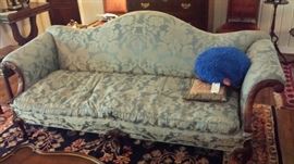 Period Chippendale Clawfoot Sofa, Blue silk Damask very well maintained