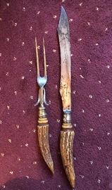 Antique Stag Horn Serving Fork and Knife Set with sterling accent