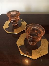 Pimk Depression glass candle sticks with beautiful gold gilt design