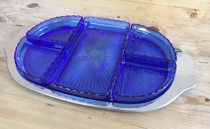 Silver plate with cobalt blue divided dishes