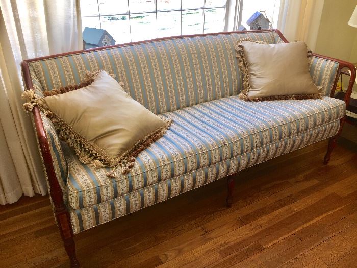 Sheraton style, vintage formal, upholstered sofa-- 6 feet long and in very nice condition.
