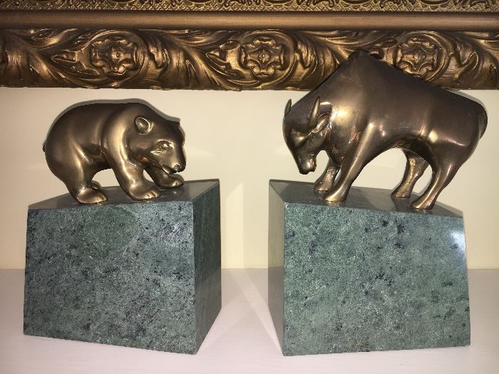 Bear and Bull heavy Brass and Marble bookends