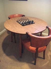 Retro table, two chairs with chess set