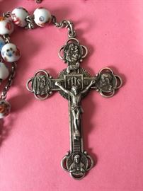 Sterling Cross on vintage porcelain beads
