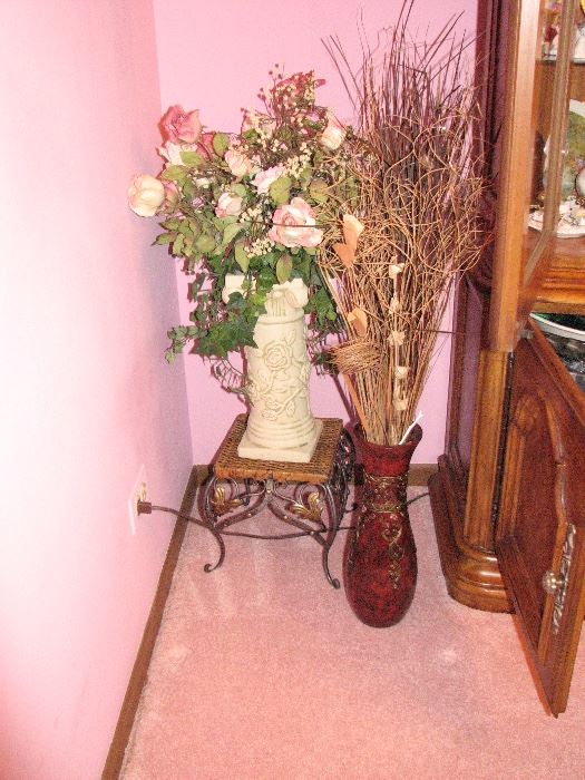 vase, silk floral arrangements, foot stool