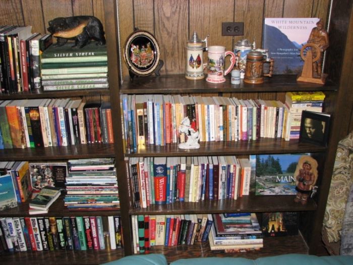 books (mostly military and government fiction), yearbooks, steins