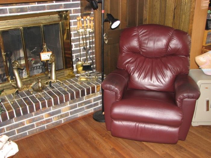 brass duck fireplace andirons, burgundy leather recliner