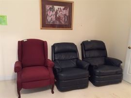 #24 burgundy recliner $75
#25 (2) Navy Lazyboy leather recliners $200 each
