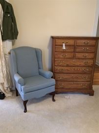 #14 Thomasville chest of drawers $275 39x19x55
#28 blue wing back chair $75