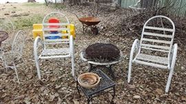 Old wheel Barrow, Fire Pit, Iron Table, Patio chairs