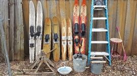Assorted Vintage Skis, Oxen Yolk (?), Ladder