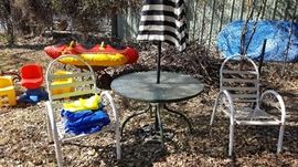 2 Chairs, Glass top Table with Umbrella and Stand