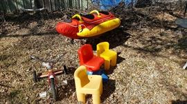 Strawberry Shortcake Tricycle, Kids chairs, Hot Dog inflatable for the lake