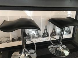 Chrome and Leather Bar Stools, Eiffel Tower Print