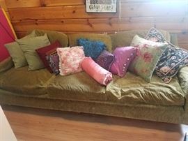 Mid-century green crushed velvet couch