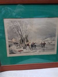Currier and Ives Lithograph "Winter Pastime", Hand colored
