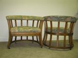 Fruitwood barrel chairs w/upholstered loose seat cushions. (Showing front and backs of chairs.)