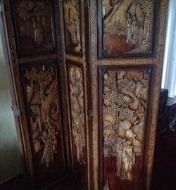 Antique Asian carved screen, 4 panel.
