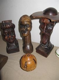 wood carvings including carved ball containing Brazil nuts!