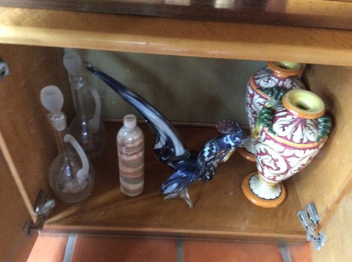 Glass decanters, glass chicken, vases