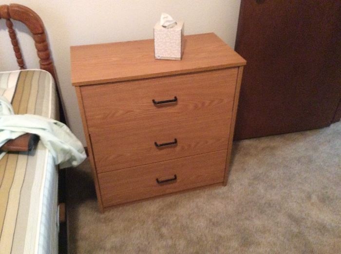 Bedside chest, spindle bed with mattress& box springs Full size