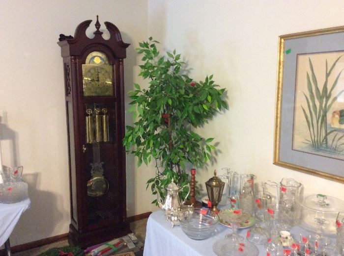 Grandfather Clock, artificial tree, glass collectibles
