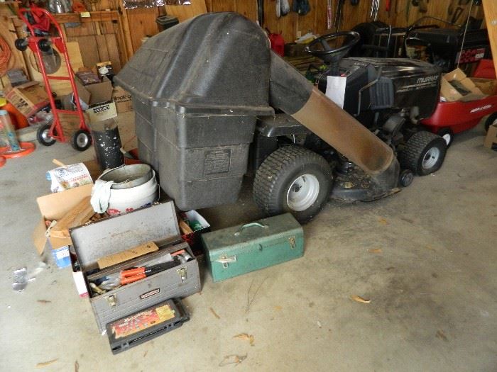 Shop - separate building in back - Murray riding mower with attachments, tool boxes 