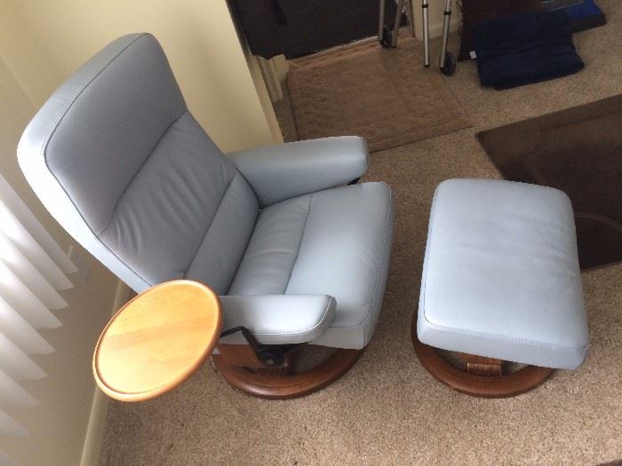 Robin's egg blue Stressless leather chair and ottoman mint condition
