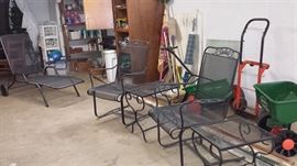 Wrought iron rocking style chairs, tables, lounger