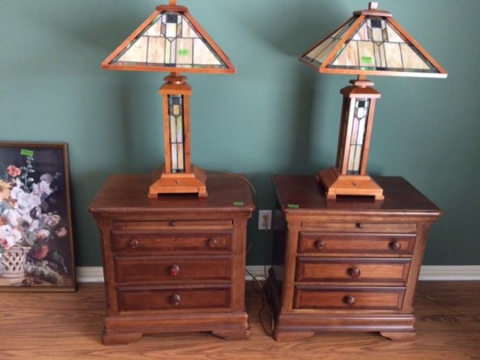 Matching night stands with pull-out shelf  and three doors. Solid wood. Matching dresser & mirror picture separately.  Mission style lamps sold separately.