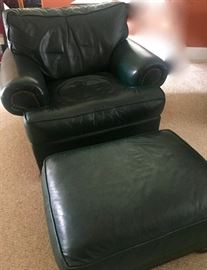 A classic! Soft green leather club chair with large ottoman