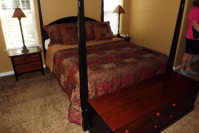 Ethan Allen queen size four poster bed with matching night stands and storage chest