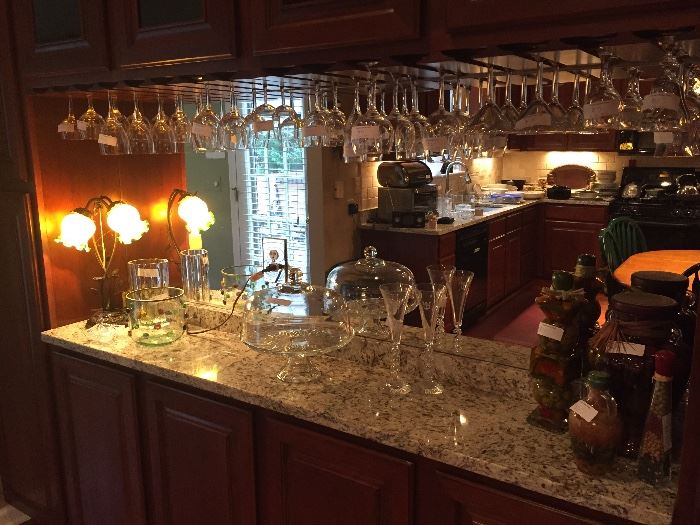 Art glass lamp, wine glasses, martini glasses, cake plate with dome