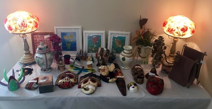 Masks, lamps, framed art