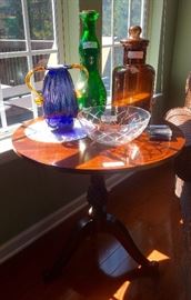Round wood side table-SOLD, art glass, crystal bowl