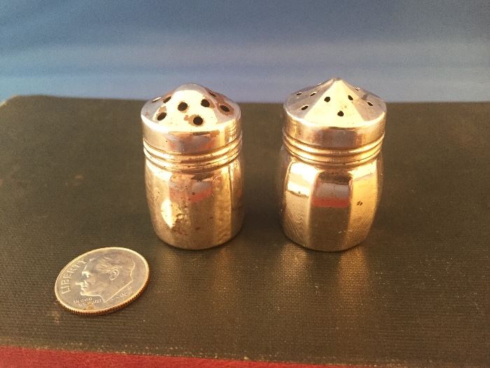 2ND VIEW OF RARE SET OF 8, NOT 6,  STERLING SILVER MINIATURE INDIVIDUAL SALT & PEPPER SHAKERS