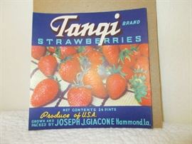 Tangi Strawberry Labels found on Wooden Produce Boxes for shipping - Grown & Packed by Joseph J. Giacone - Hammond, LA - we have 25+ of these....