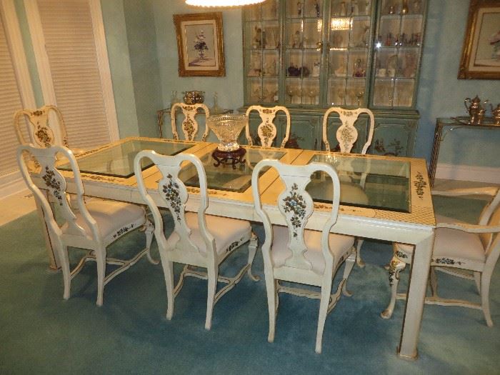 GLASS INSERT TOP DINING TABLE  / 8 QUEEN ANNE CHAIRS WITH HAND PAINTED ACCENTS				
UNION NATIONAL FURNITURE	(shown with leaf / extended to seat 8)			
